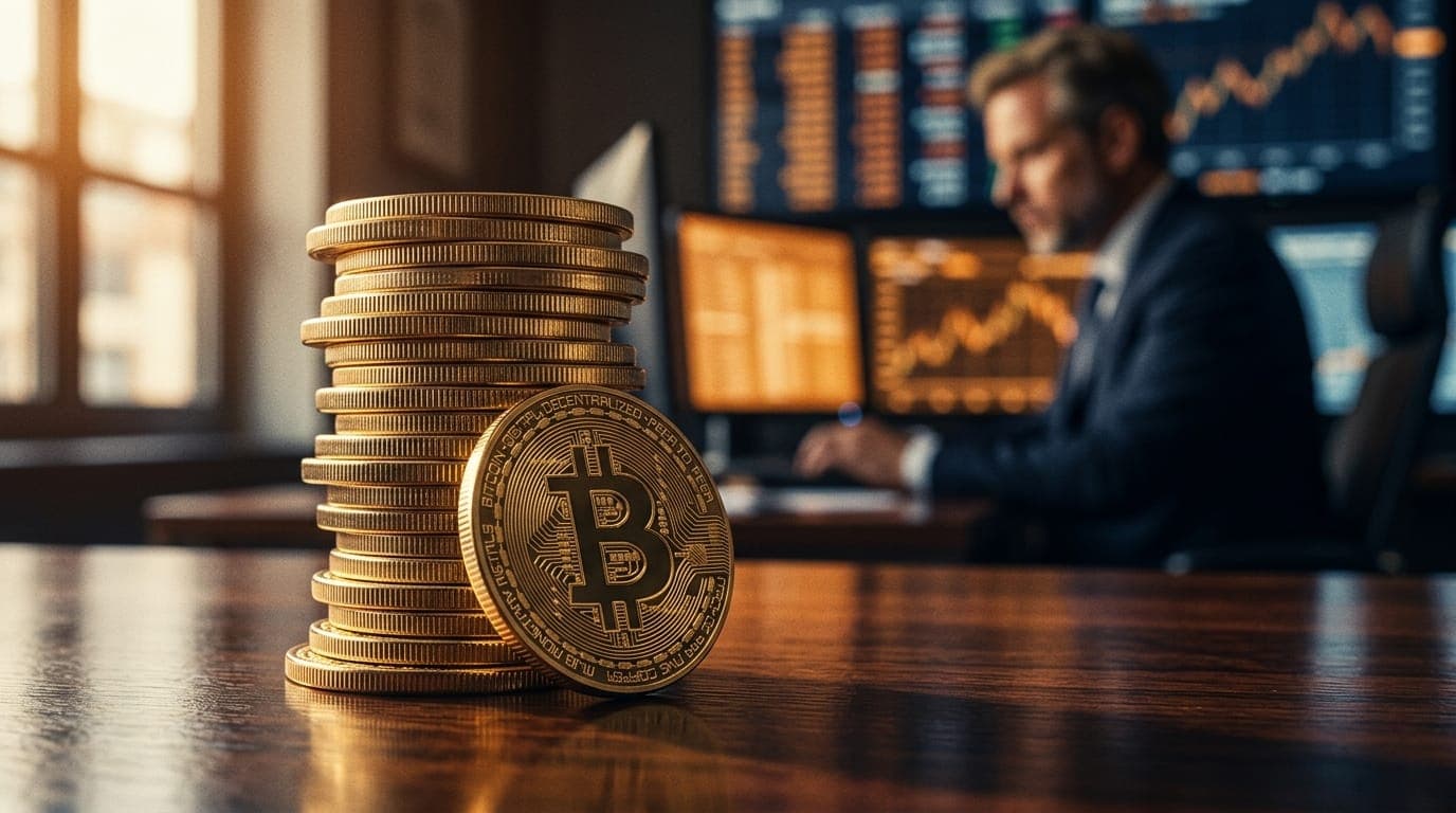 A stack of physical gold-toned commemorative Bitcoin coins arranged in a rising tower on a polished dark mahogany desk, caught in warm late-afternoon window light that rakes across their