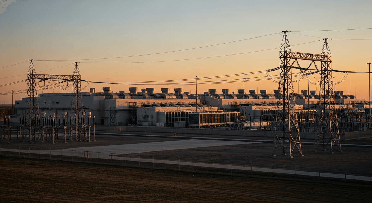 A vast Texas data center facility stretches across sun-baked flatland at dusk, its rows of industrial cooling units and humming server hall exhaust vents bathed in harsh amber light, thick