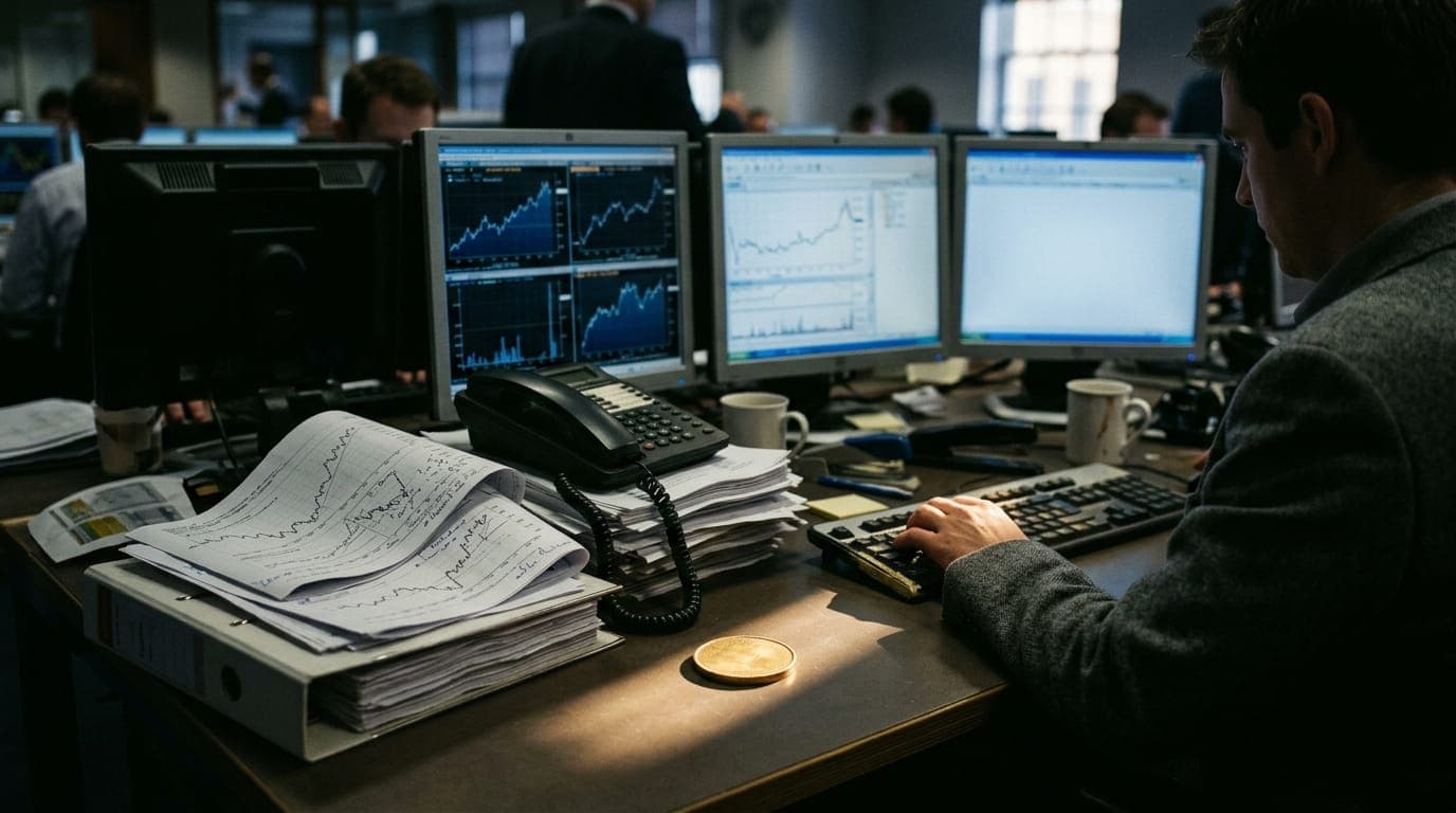 A government bond trader's cluttered desk bathed in the cold blue glow of multiple monitors, stacks of printed yield curve charts curling at the edges beside a physical gold-colored coin