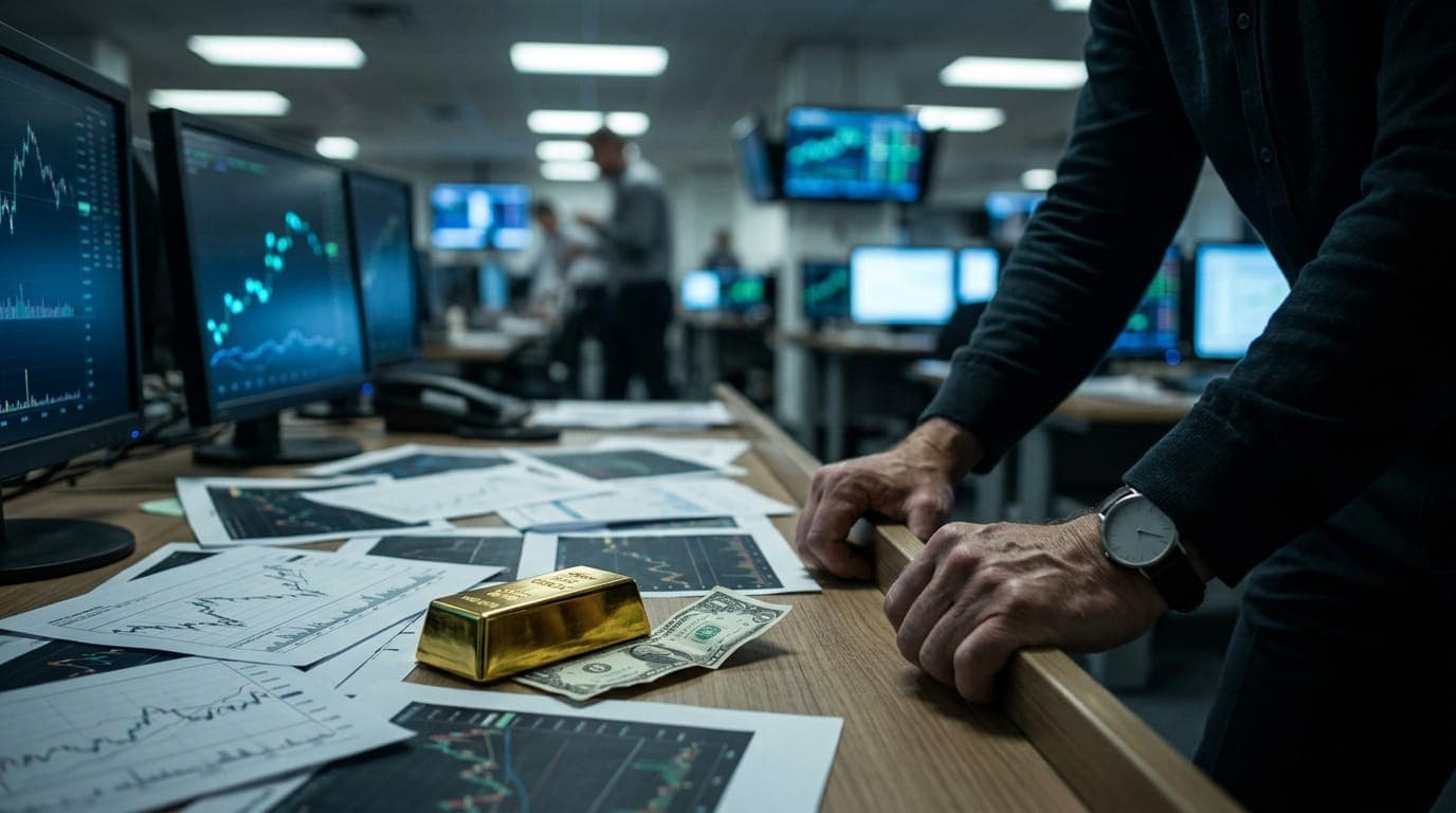 A trader's hands grip the edge of a cluttered desk strewn with printed charts and yellow legal pads as multiple monitor screens cast a cold blue glow across the dim room, while a physical