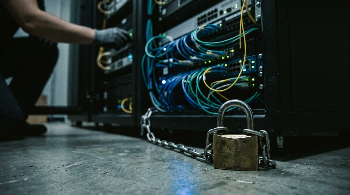 A close-up of a gleaming server rack cabinet standing in a dim, blue-lit data center, its dense tangle of fiber-optic cables casting faint glowing reflections across a heavy-gauge padlock