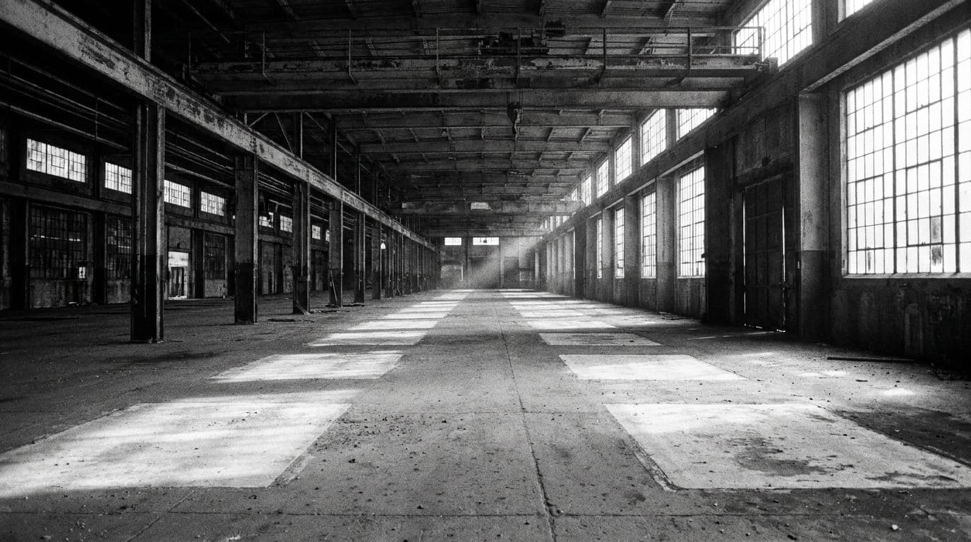 Empty assembly floor of an abandoned American manufacturing plant, idle crane rails overhead and bare concrete where machinery was removed
