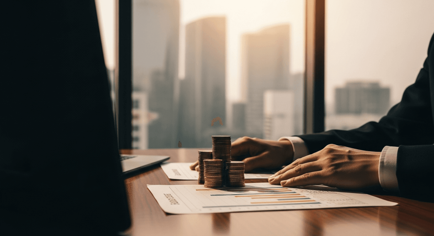 A trader's hands rest on a polished mahogany desk beside a stack of gold coins and a printed bar chart, bathed in the warm amber glow of late-afternoon light filtering through