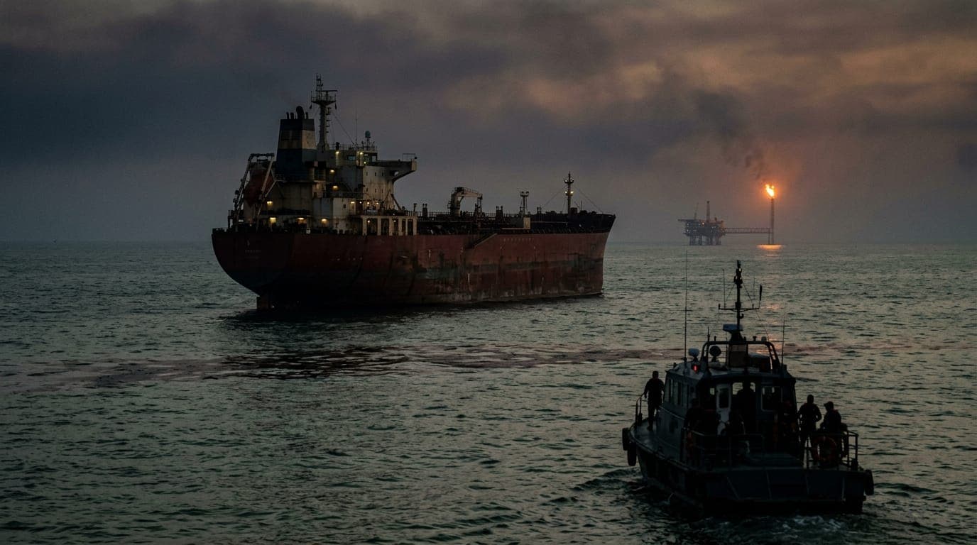 A cargo ship sits motionless at dusk in the Strait of Hormuz, its rusted hull reflected in oil-slicked water, while a distant flare stack on an offshore platform burns orange against a