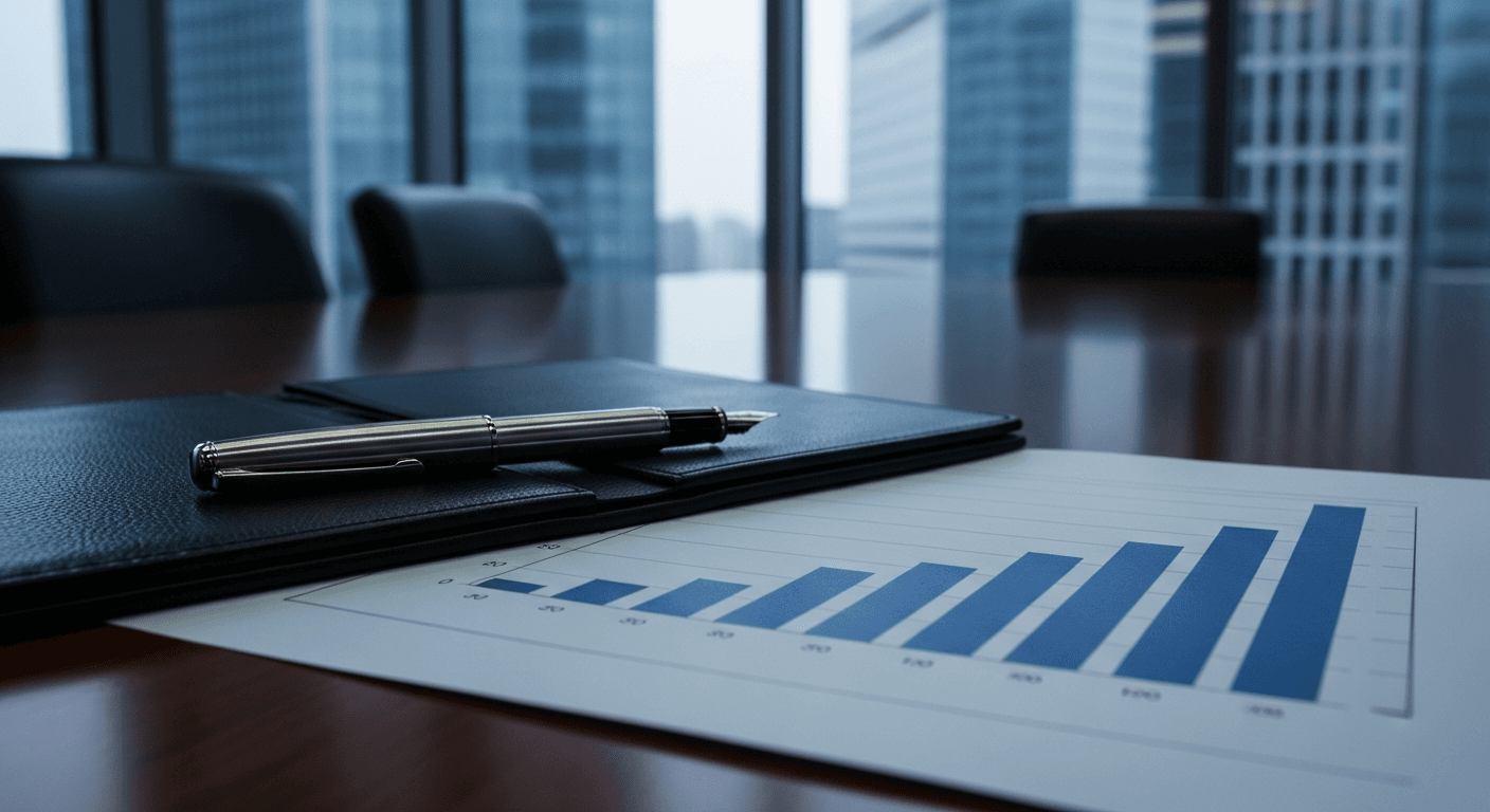 A silver fountain pen rests across an open leather portfolio on a polished mahogany conference table, beside a printed bar chart showing an ascending staircase of bars, bathed in the cool