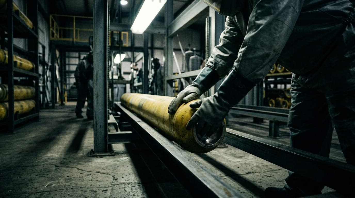 A gloved technician's hands guide a long yellow uranium hexafluoride cylinder along a steel rail inside a dimly lit industrial warehouse, the metal container bathed in harsh overhead