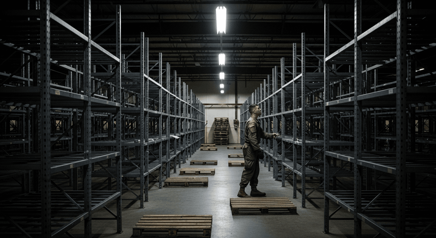 A military warehouse worker in olive drab fatigues surveys nearly empty metal storage racks stretching deep into a vast, dimly lit munitions depot, a single fluorescent tube casting harsh