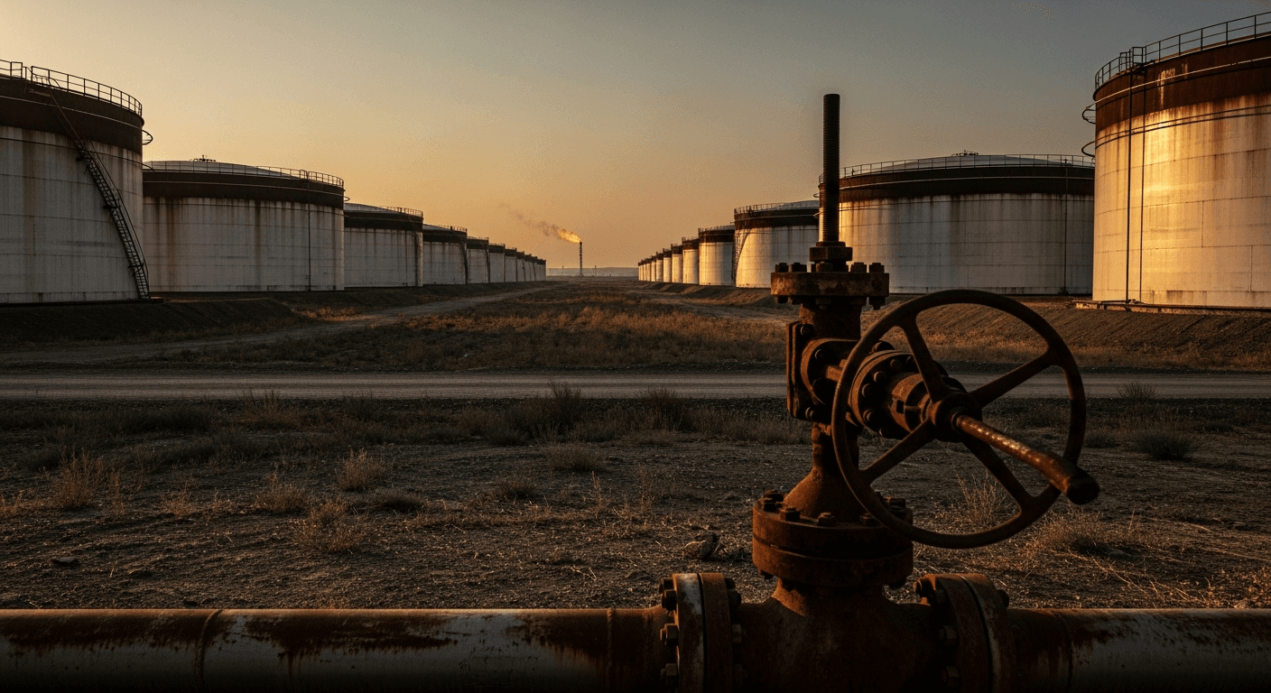 A vast crude oil storage tank farm stretches toward the horizon under a hazy amber sky at dusk, its massive steel cylinders casting long shadows across sun-bleached scrubland, with a lone
