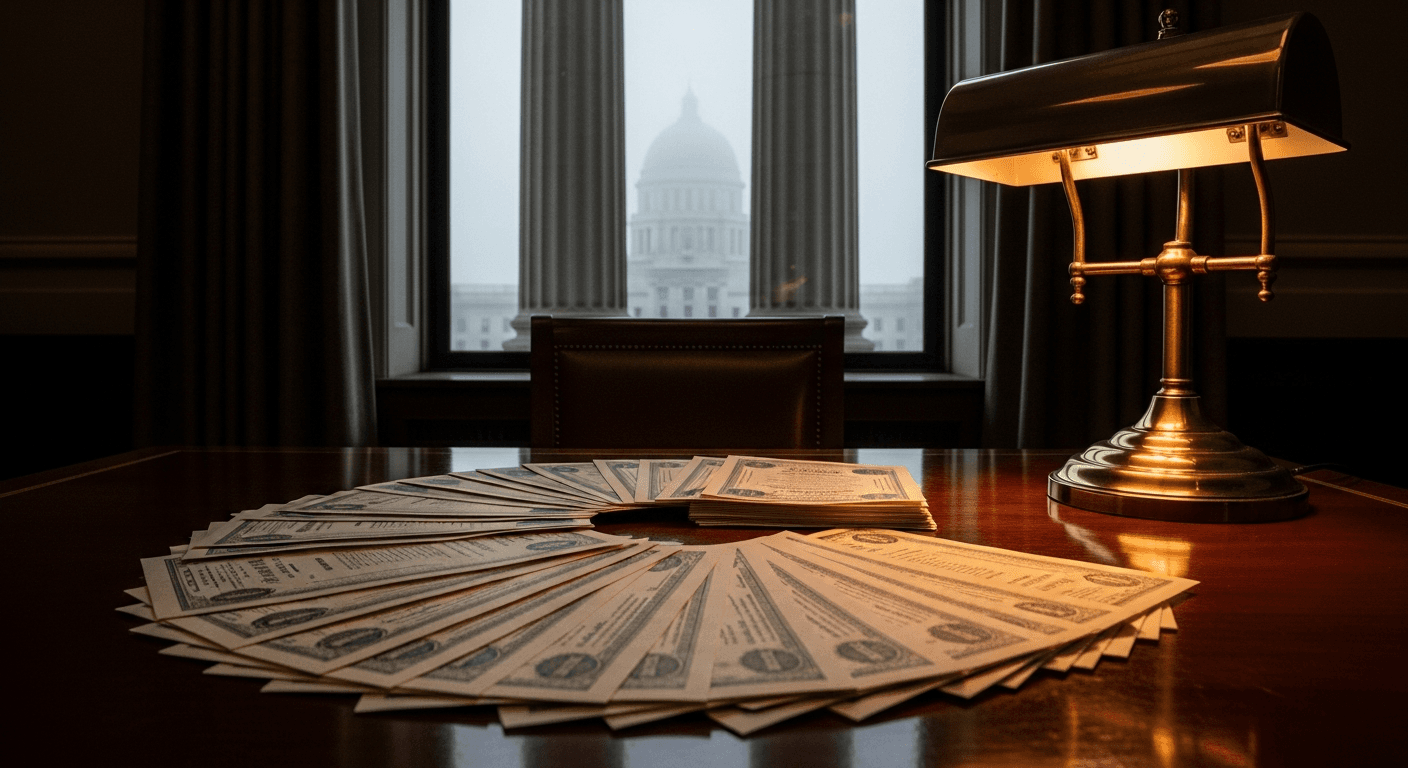 A stack of freshly printed government bond certificates fans across a polished mahogany table beside a brass desk lamp casting warm amber light, while through a tall window behind it, the
