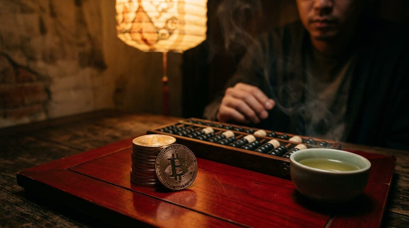 A stack of gleaming gold Bitcoin coins rests on a lacquered red wooden surface beside an abacus and a cup of green tea, bathed in the warm amber light of a paper lantern overhead.