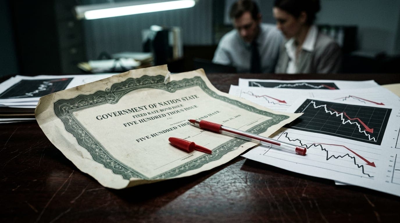 A government bond certificate printed on aged cream paper lies on a dark mahogany desk beneath harsh overhead fluorescent light, its edges curling slightly, surrounded by scattered paper