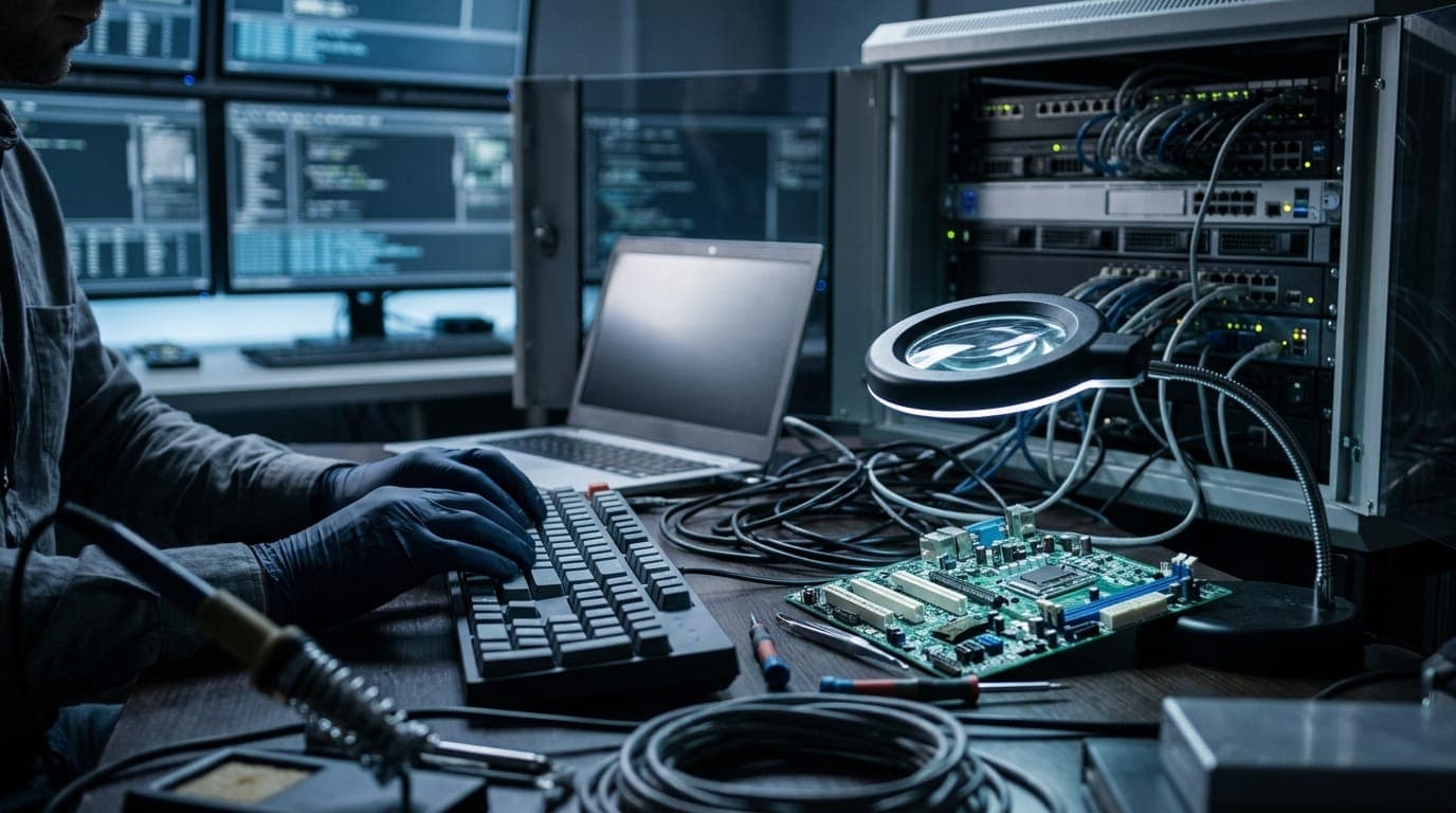 A forensic researcher's hands hover over a mechanical keyboard in a dimly lit server room, the blue glow of multiple monitors reflecting off stacked rack-mounted hardware in the background