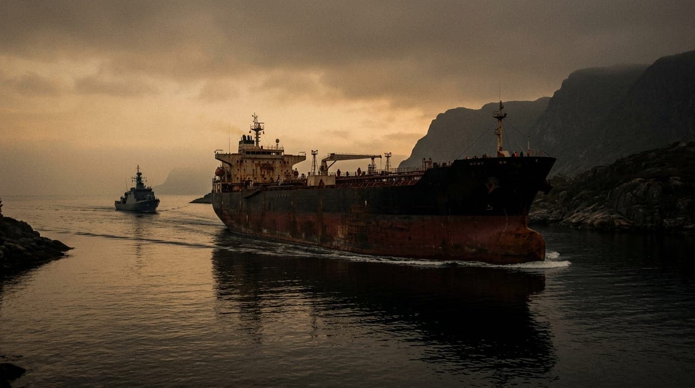 A weathered supertanker moves through the haze-filtered amber light of a narrow strait, its rust-streaked hull cutting a slow wake past a rocky coastline, while a smaller naval patrol vessel