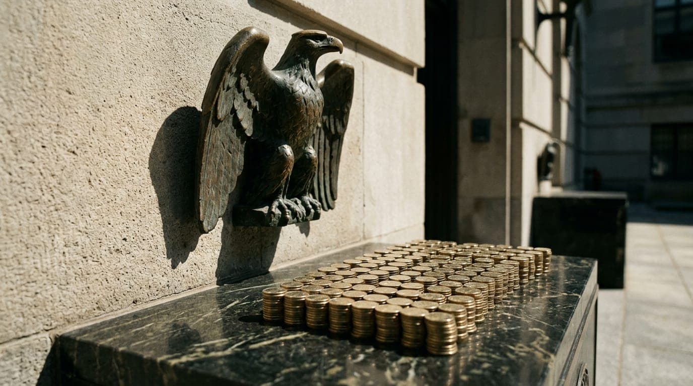 A weathered bronze eagle sculpture on a government building's stone facade catches harsh midday sunlight, its shadow falling across stacked rows of gleaming gold-toned coins arranged on a