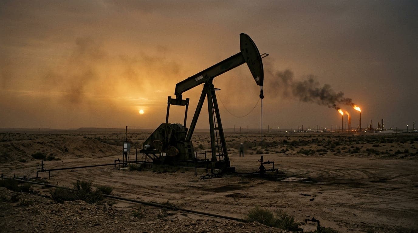 A weathered industrial oil pump jack stands silhouetted against a hazy amber sky at dusk, its slow rhythmic arm cutting through heat-distorted air above a sun-scorched desert plain, with a