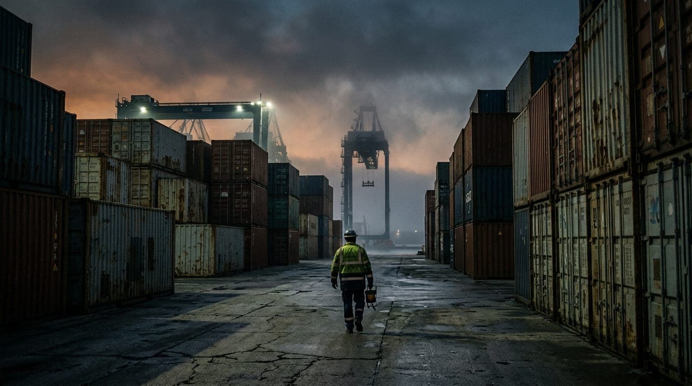 A wide-angle shot of a weathered shipping container port at dusk, rows of rusting steel containers stacked high casting long shadows across cracked concrete, a lone dockworker in a hard hat
