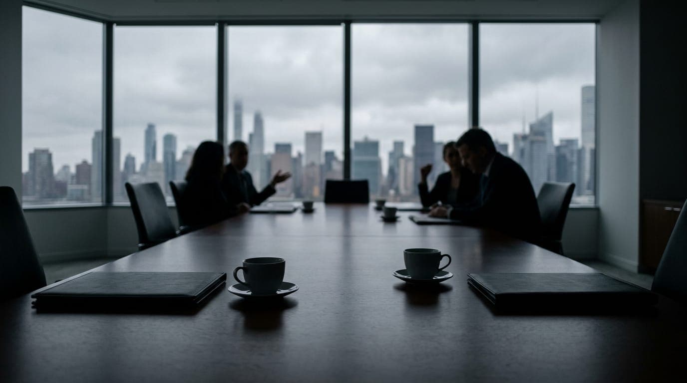 A wide mahogany conference table stretches toward floor-to-ceiling windows overlooking a grey Manhattan skyline, two sets of leather portfolios and ceramic tea cups arranged symmetrically on