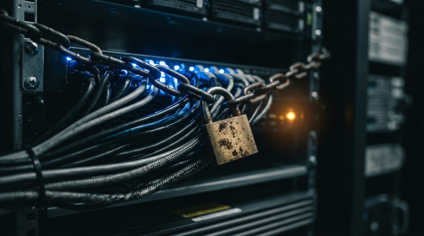 A weathered padlock with a heavy iron chain wraps tightly around a cluster of glowing server rack cables in a dim data center, the cold blue LED light casting sharp shadows across the metal