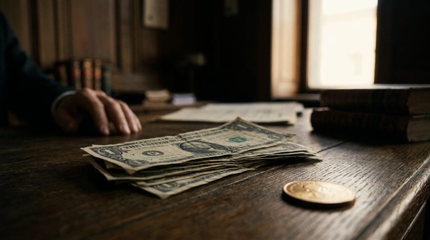 A weathered stack of Federal Reserve notes splayed across a worn oak desk beside a single gleaming gold-toned coin, caught in raking late-afternoon window light that casts long shadows