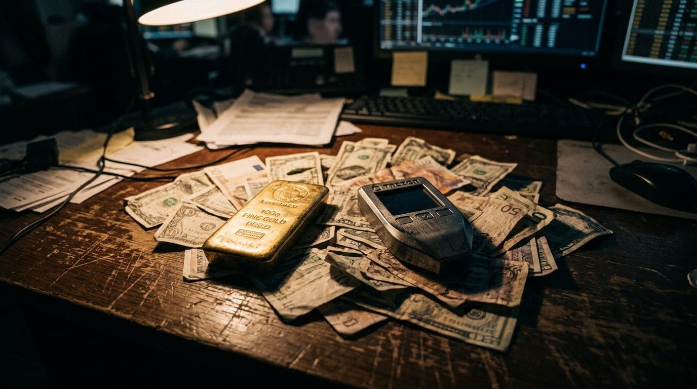 A weathered trader's desk photographed from above in warm tungsten light, a physical gold bar resting directly beside a cold-storage metal Bitcoin hardware wallet, both casting long parallel