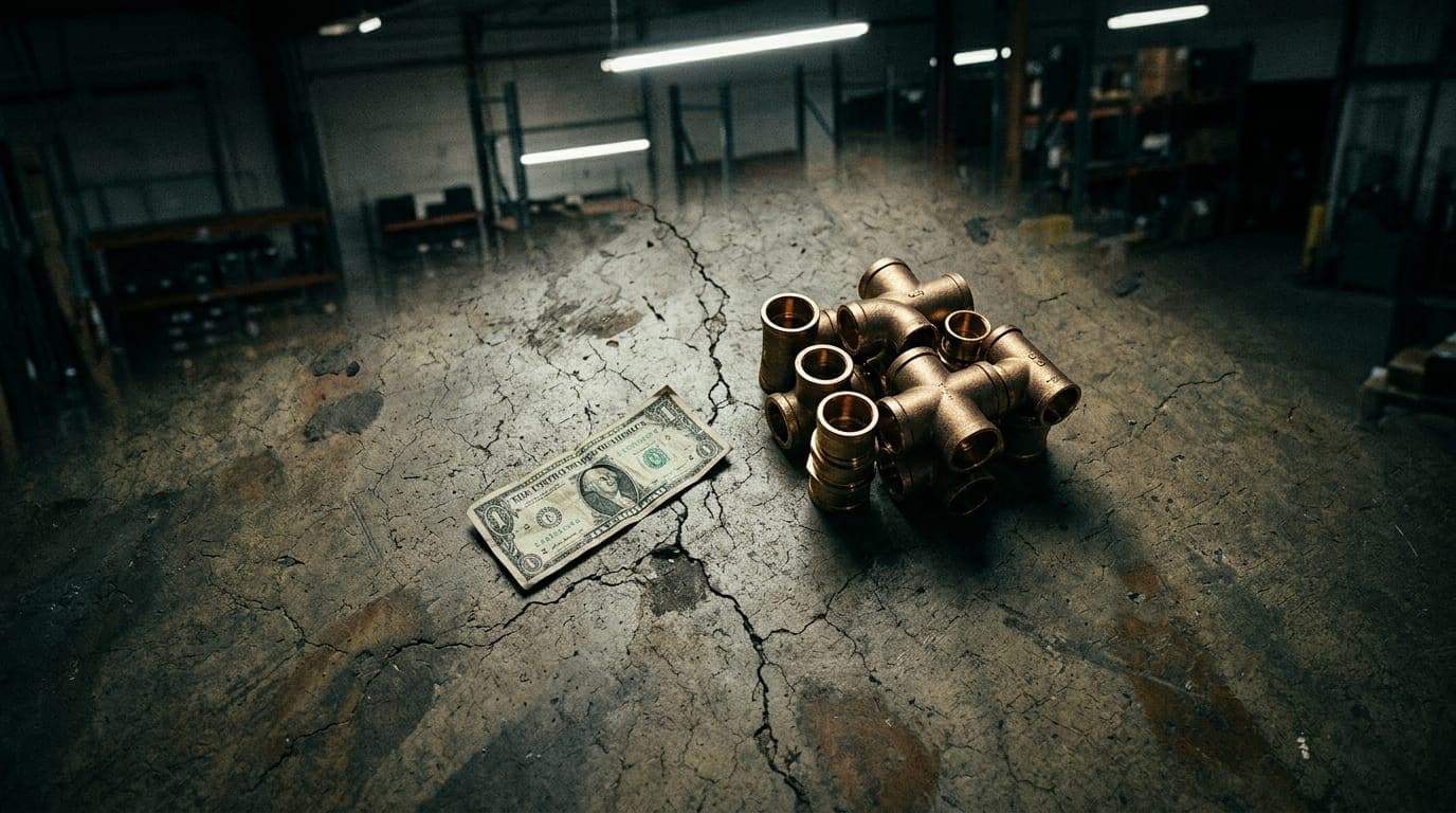 A crumpled Federal Reserve note lies on a cracked concrete floor beside a gleaming stack of gold-colored copper plumbing pipe fittings, shot from directly above under harsh fluorescent