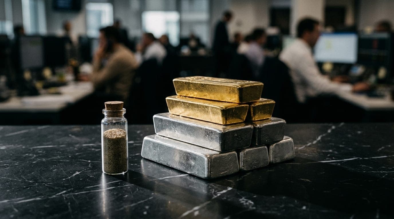 A stack of polished gold and silver metal bars rests on a sleek black marble surface beside a small glass vial of sand, the whole arrangement bathed in cool, directional studio light that