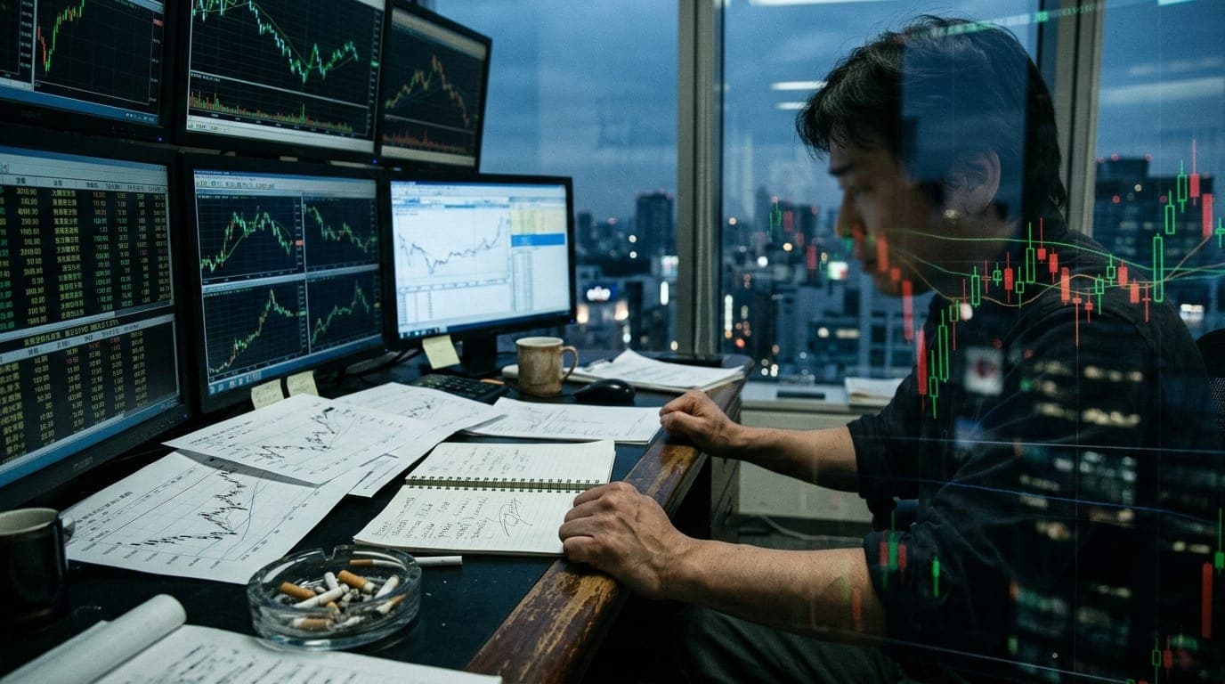 A currency trader's hands grip the edge of a cluttered Tokyo dealing desk as multiple illuminated monitors cast cold blue light across scattered paper charts and an overflowing ashtray, with