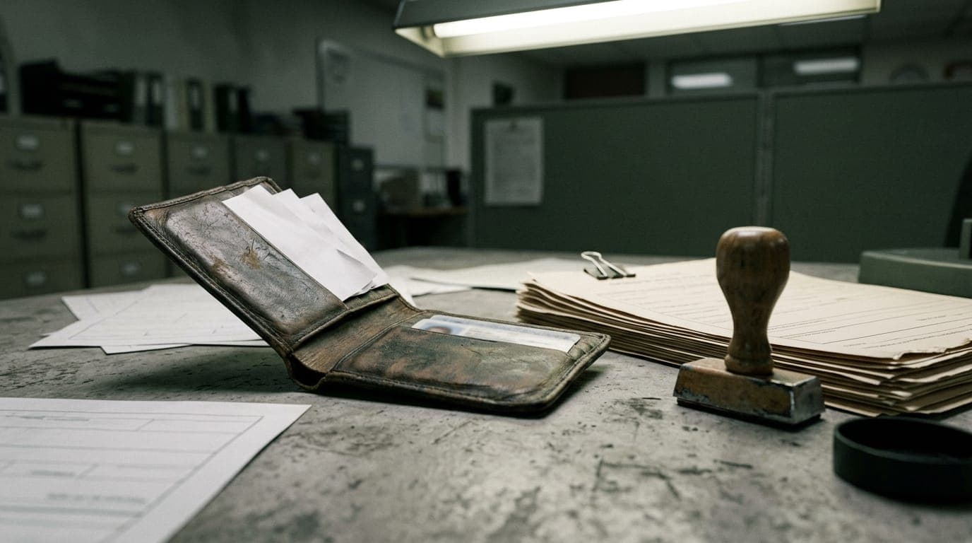 A worn leather wallet sits open on a concrete government office desk beside a stack of official documents and a rubber stamp, lit by harsh fluorescent overhead light that casts cold shadows