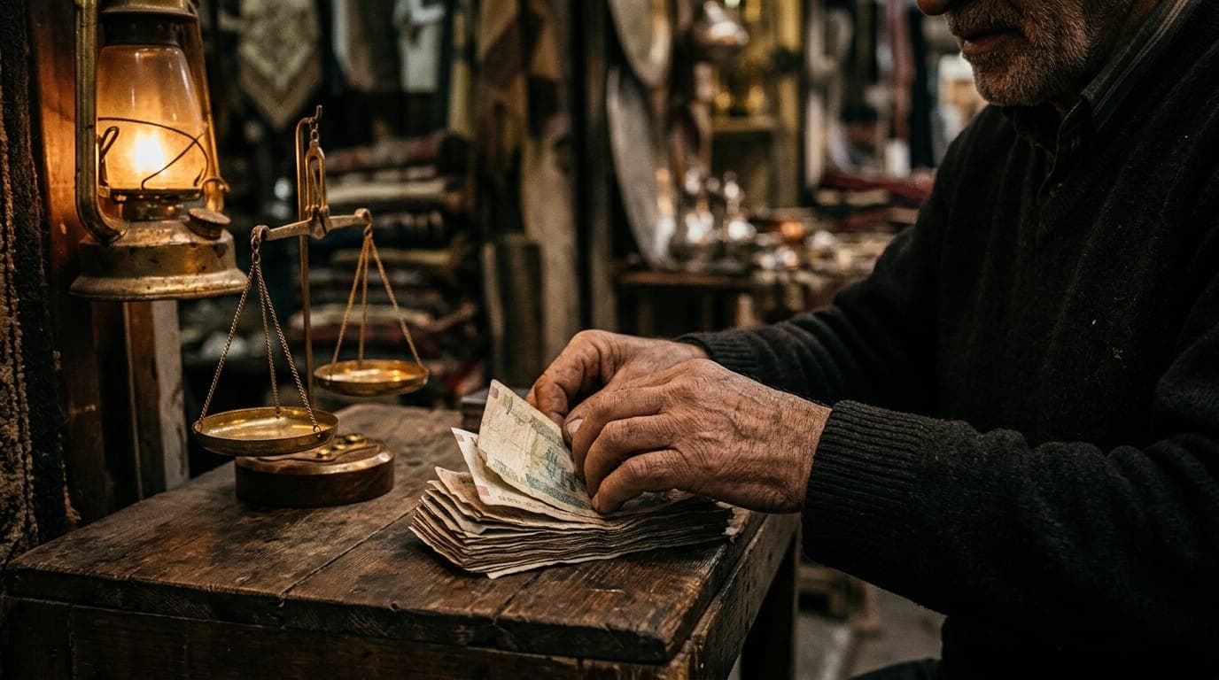 A weathered Iranian merchant's hands count a thick stack of worn banknotes on a wooden counter beside a small gold-colored scale, the dim amber light of a bazaar lantern casting long shadows