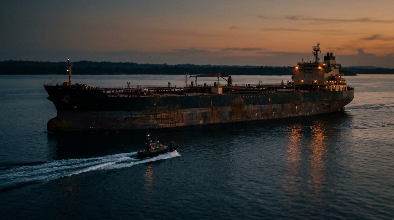A supertanker loaded with crude oil sits low in the water at dusk on a calm equatorial sea, its rust-streaked black hull reflecting amber light off the surface as a small pilot boat cuts a