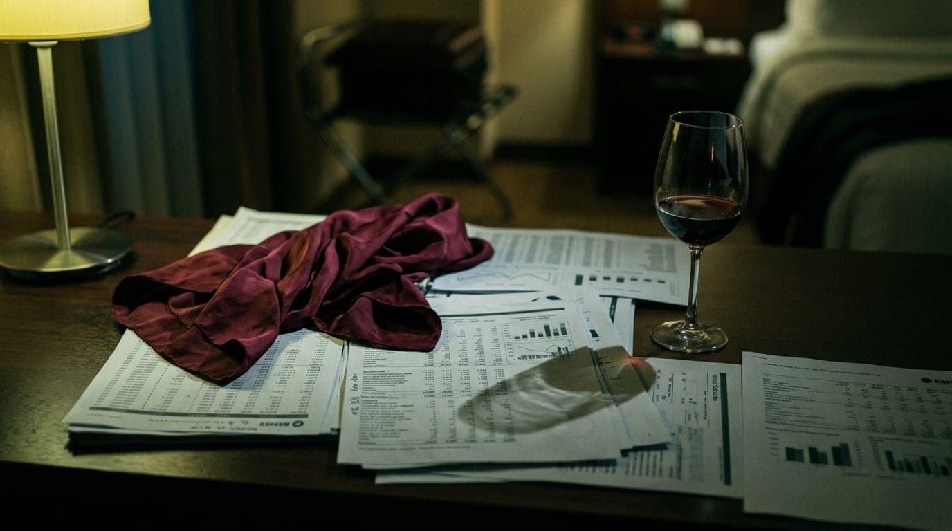 A crumpled silk scarf draped over a stack of printed spreadsheets on a dim hotel room desk, a half-empty glass of red wine casting a long shadow across the papers under the cold yellow glow