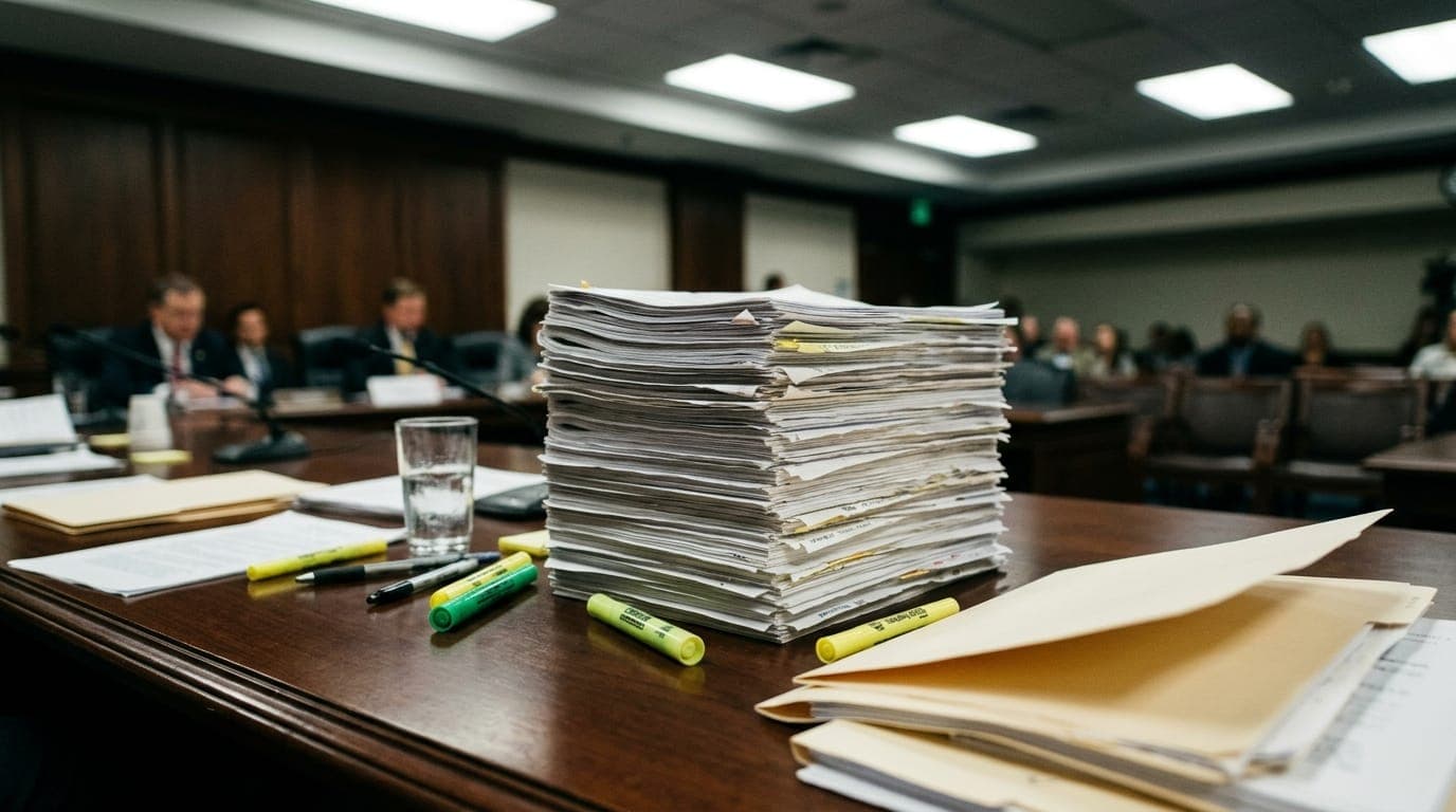 A thick stack of printed legislative documents sits on a polished mahogany committee table beneath the harsh fluorescent lighting of a Senate hearing room, surrounded by scattered