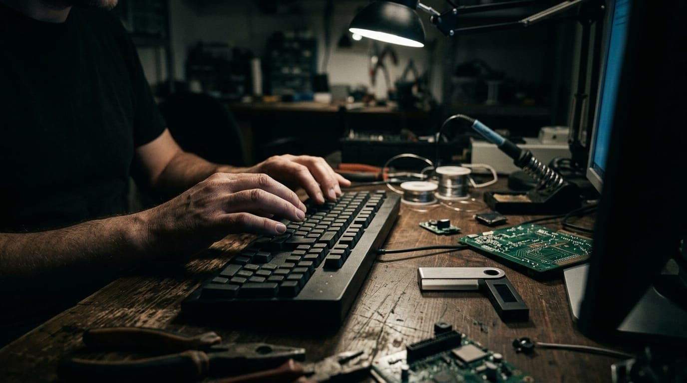 A technician's hands hover over a mechanical keyboard in a dim workshop, fingers mid-keystroke, the screen's cool blue terminal glow reflecting off a small silver hardware wallet device and