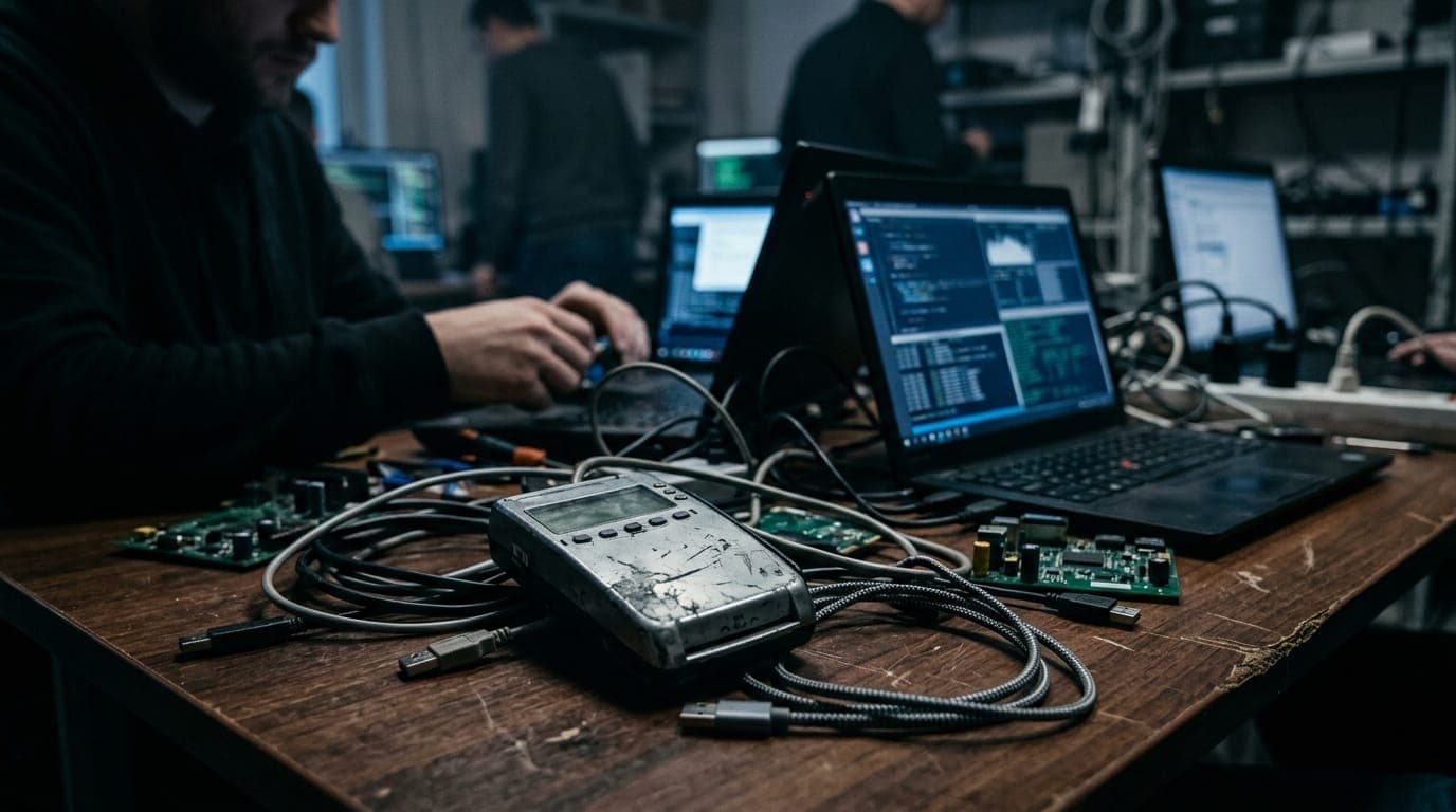 A battered metallic hardware security device sits on a scarred wooden desk beside tangled USB cables and scattered circuit boards, illuminated by the cold blue glow of multiple open laptop