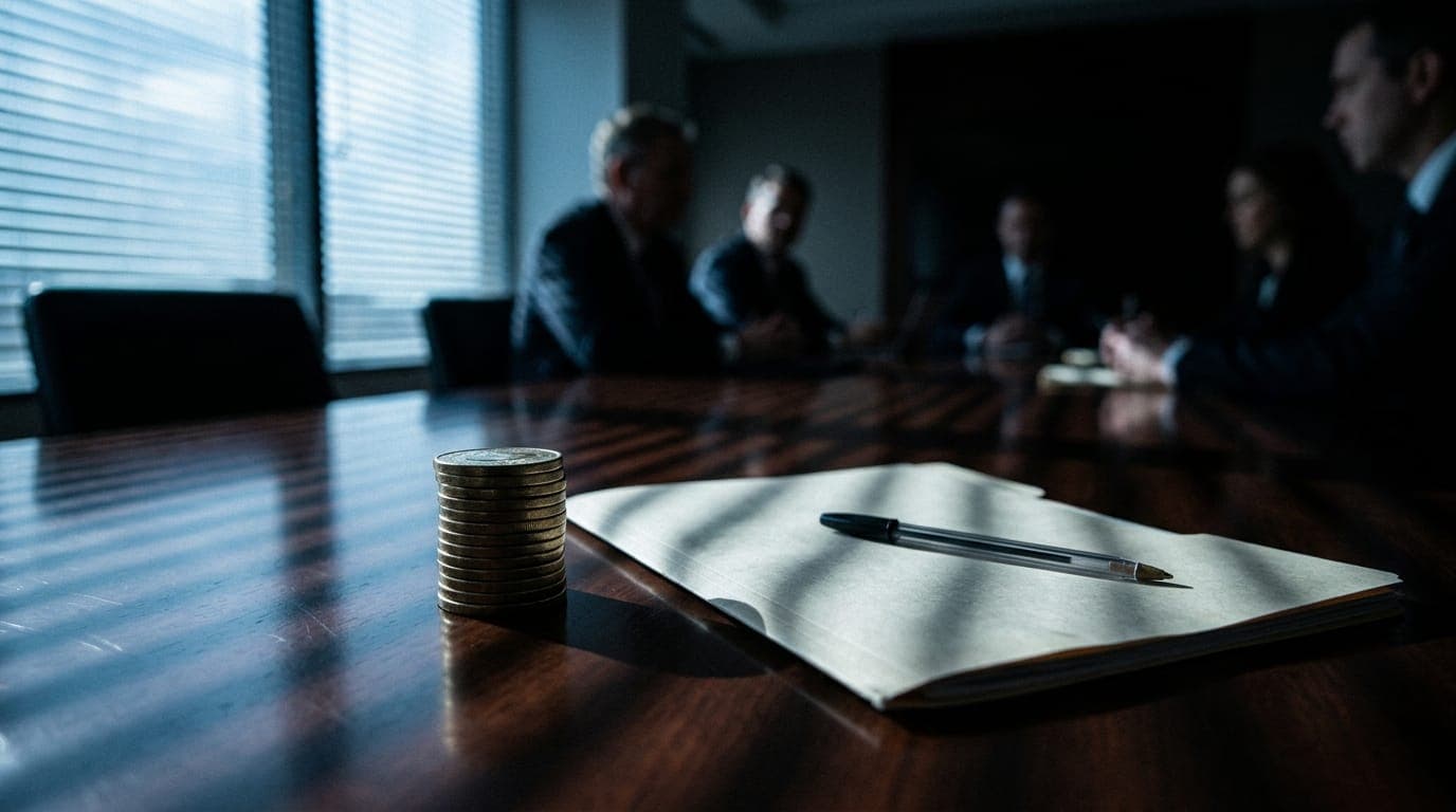 A stack of physical gold-toned coins rests on a polished mahogany boardroom table beside an open manila folder and a black ballpoint pen, bathed in the cold blue-white light filtering