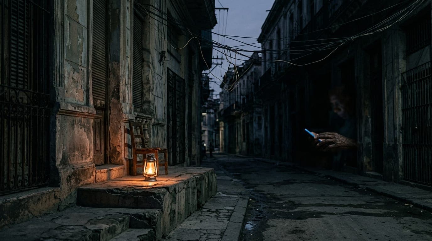 A Cuban street at dusk plunged into near-total darkness, with a lone kerosene lantern casting a warm orange glow across a crumbling concrete stoop, extension cords hanging limp and useless