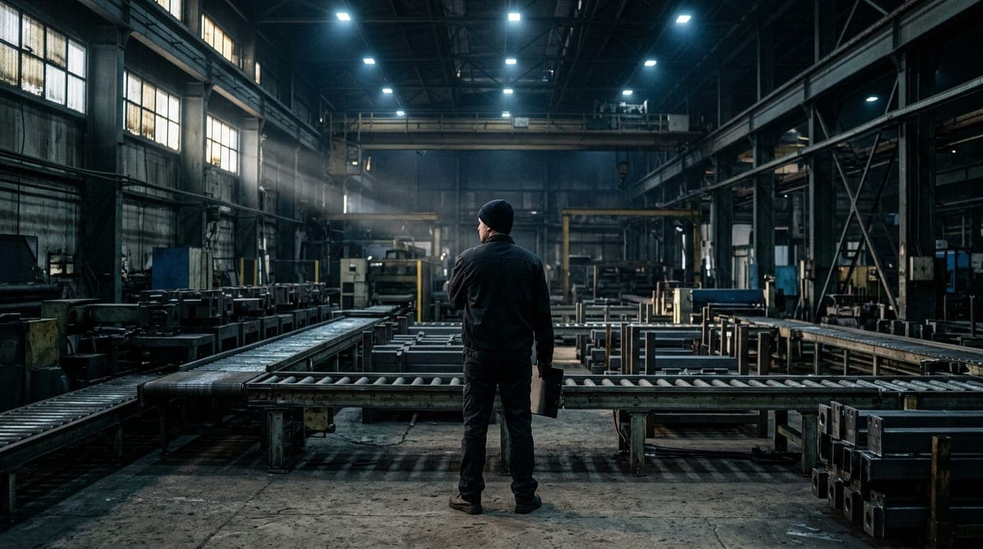 A factory floor supervisor stands with arms crossed in front of idle conveyor belts and stacked steel components bathed in the cold blue-white fluorescent light of a cavernous manufacturing