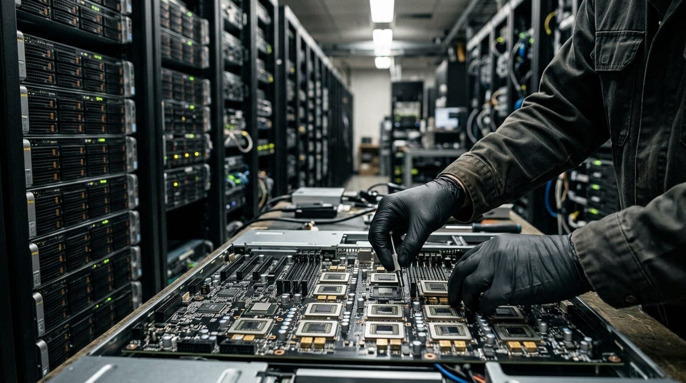 A technician's gloved hands install a dense array of silver and black AI accelerator chips onto a server motherboard under harsh fluorescent workshop lighting, rows of identical rack-mounted