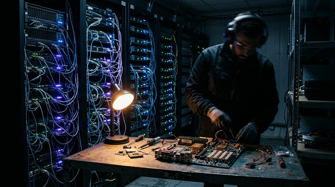 A tangle of glowing server rack cables in a dimly lit data center floods the frame in cool blue light, while a single incandescent work lamp casts a warm amber pool over an open circuit