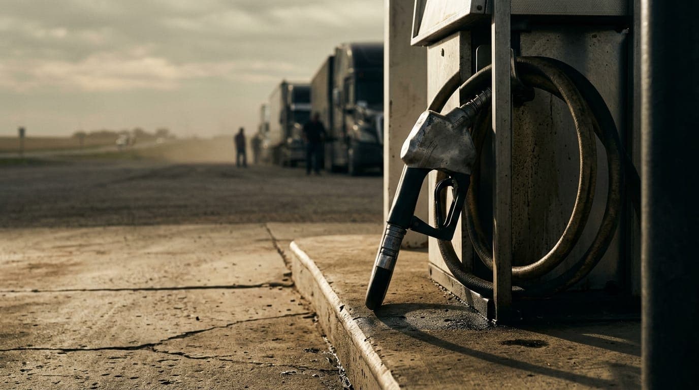 A battered aluminum diesel pump nozzle hangs in its cradle at a rural truck stop, caught in harsh afternoon sidelight that throws deep shadows across a sun-bleached concrete island, with a