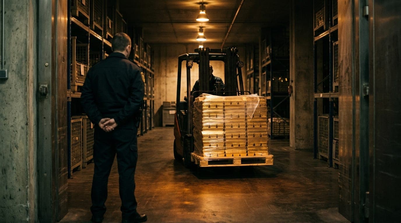 A uniformed security guard stands with his back to the camera in the dim, tungsten-lit vault of a central bank, watching as a forklift slowly maneuvers a wooden pallet stacked high with