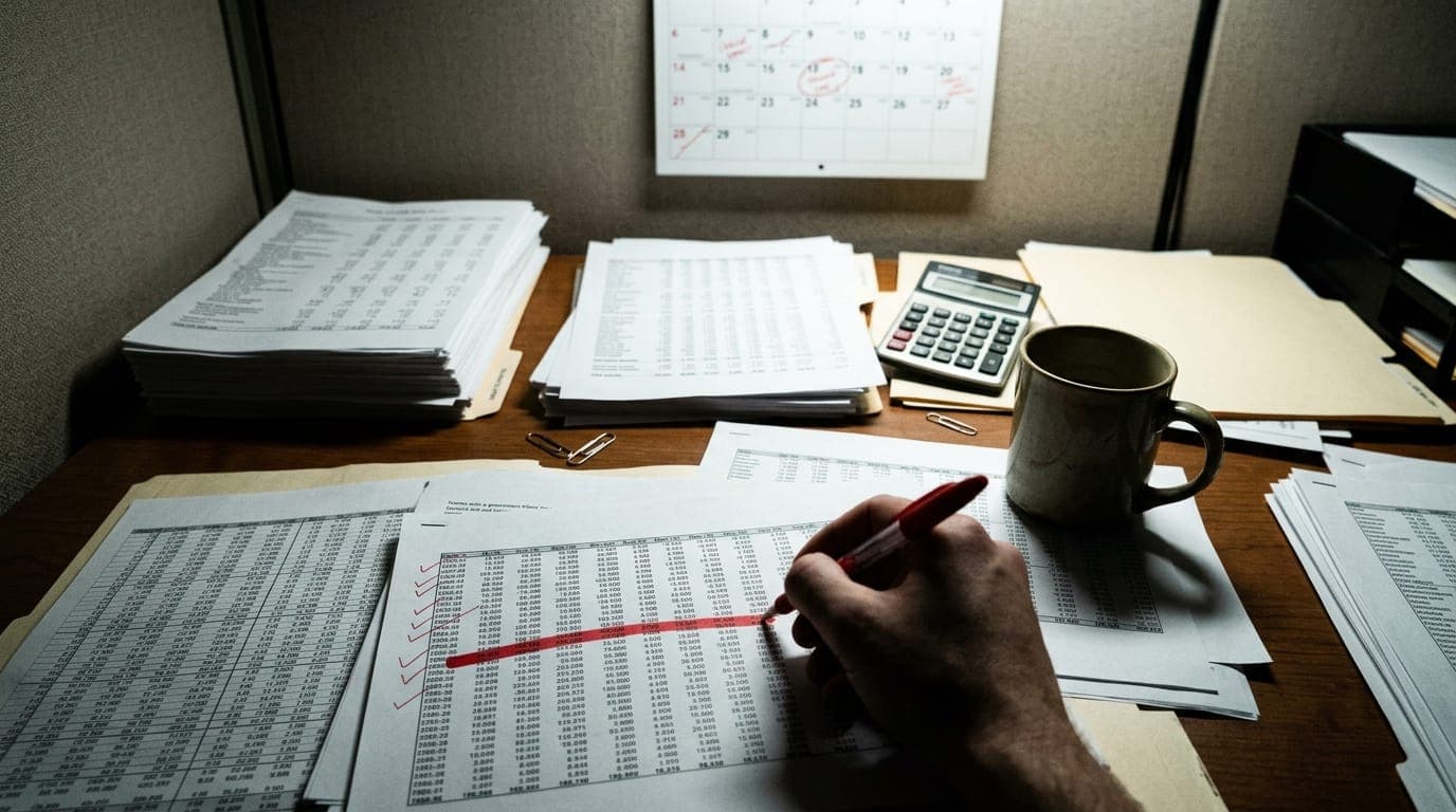 A government economist's cluttered desk photographed from above in harsh fluorescent office light, scattered with printed spreadsheets dense with columns of figures, a red pen mid-correction