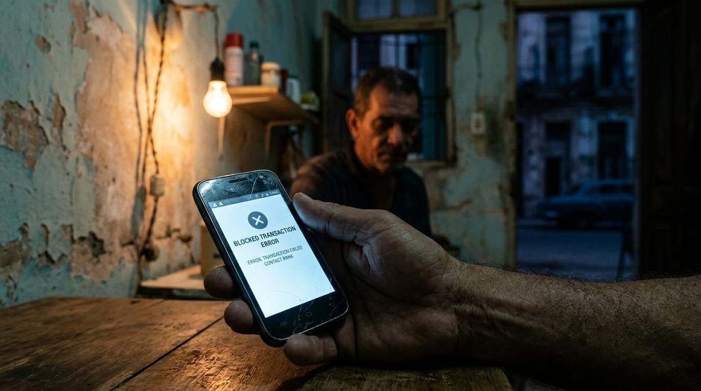 A weathered hand holds a smartphone displaying a blocked transaction error screen, bathed in the cool blue glow of a cramped Havana apartment at dusk, vintage crumbling plaster walls and a