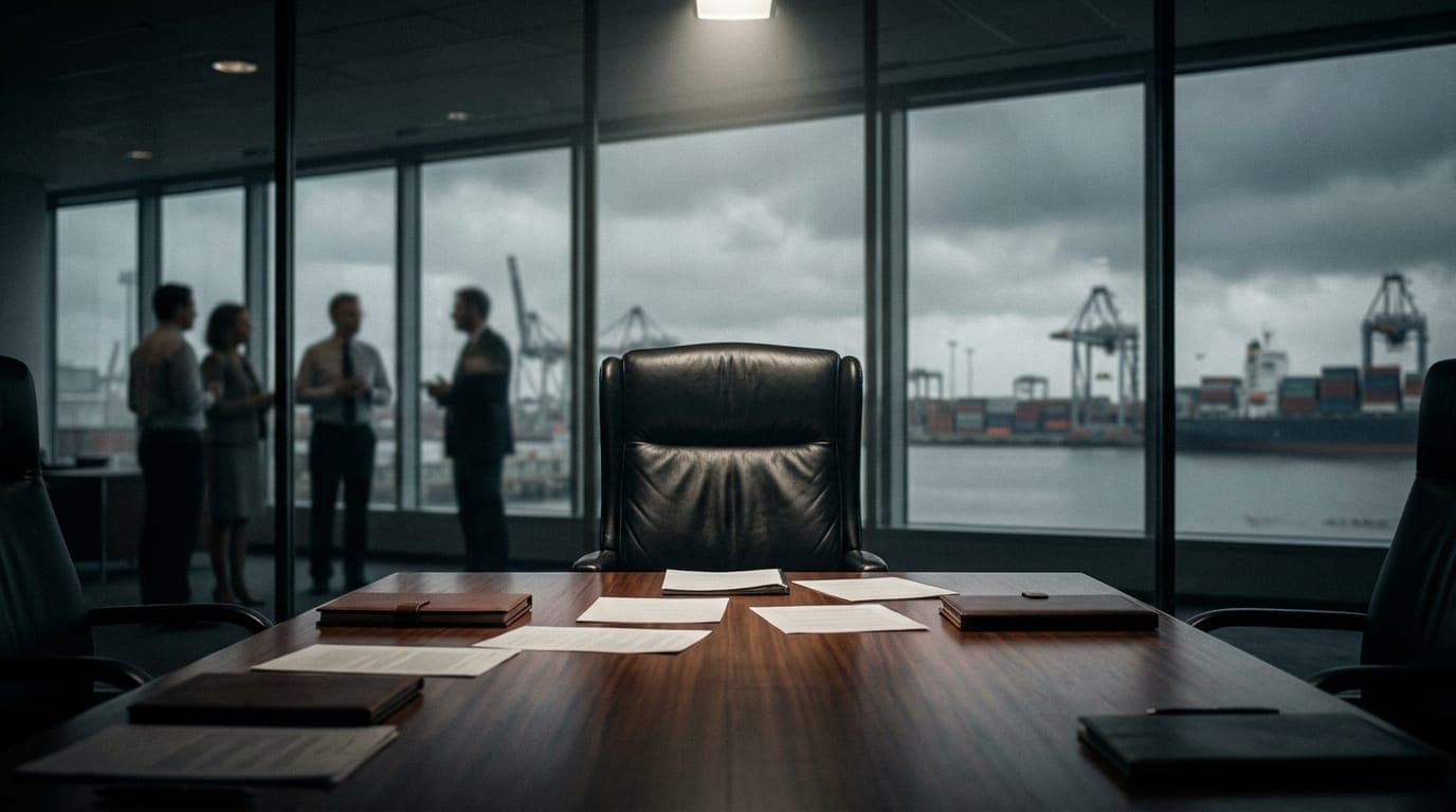 A Federal Reserve official's empty leather chair sits at the head of a long mahogany conference table strewn with scattered policy documents, a single dim overhead spotlight casting a harsh