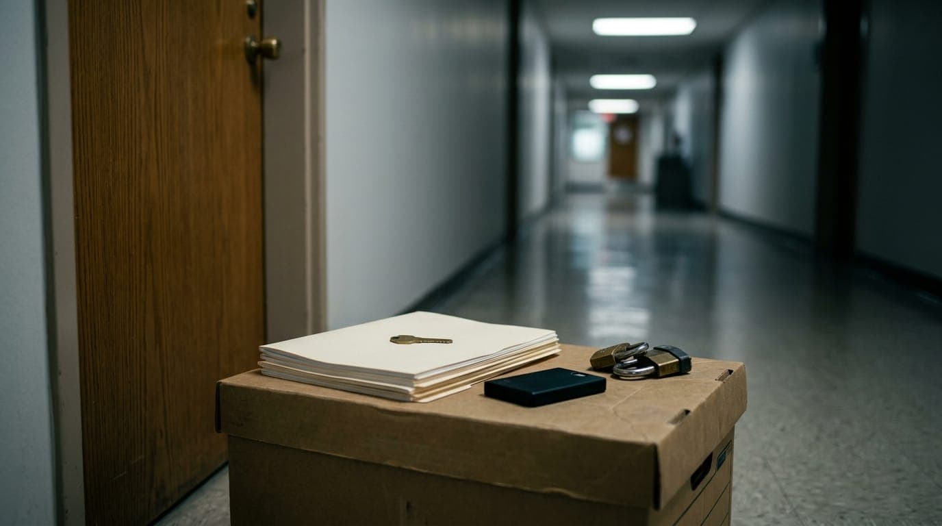 A cold fluorescent hallway in a government office building, its polished linoleum floor reflecting the harsh overhead lights, with a lone cardboard banker's box sitting outside a closed