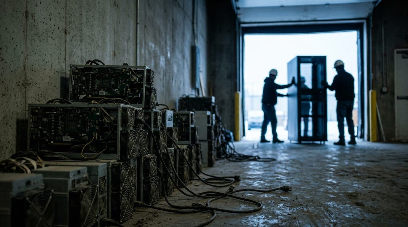 A row of dormant bitcoin mining rigs sits unplugged and stacked against a concrete warehouse wall, their cooling fans still and dust settling on the black circuit boards, while through the