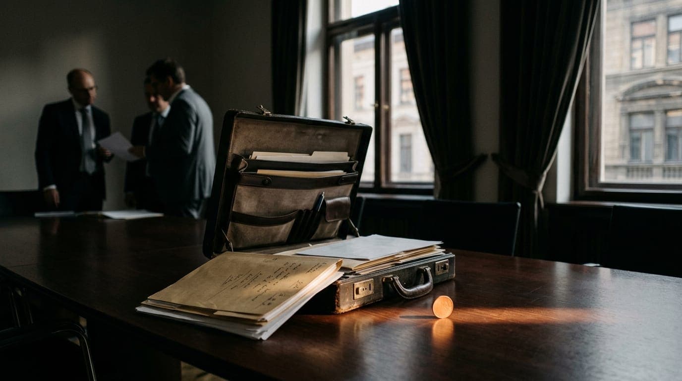 A worn leather briefcase sits open on a polished mahogany conference table, its contents fanned out beside a small orange metallic coin catching a shaft of afternoon light through tall