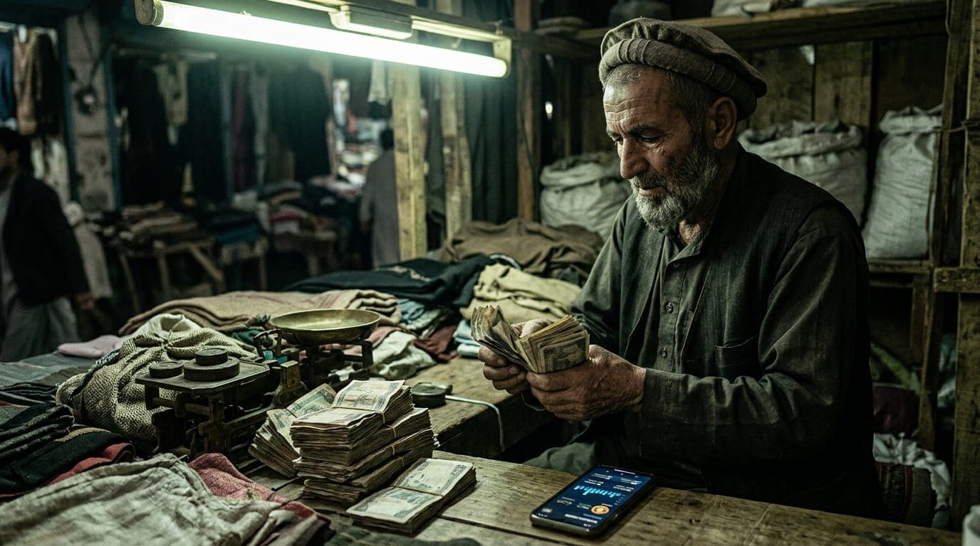 A weathered Iranian merchant counts a thick stack of banknotes under the harsh fluorescent light of a dusty bazaar stall, a smartphone displaying a glowing cryptocurrency wallet screen