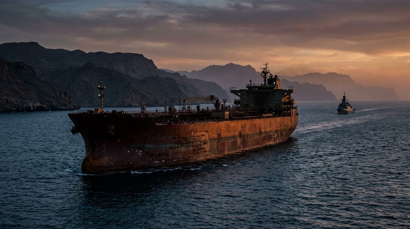 A massive oil tanker moves through the narrow blue-grey waters of the Strait of Hormuz at dusk, its rusted steel hull reflecting the amber light of a fading sun, while a distant silhouette