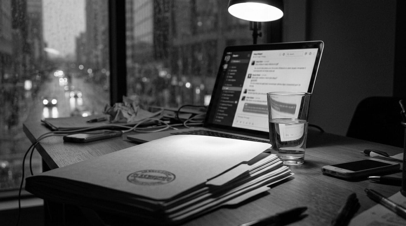 A laptop showing a chat window on a desk at night beside a stamped file folder, a rain-streaked city behind it, in black and white